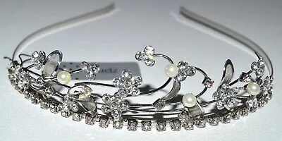 NEW Silver Plated Flowers Pearl Crystal Headband Tiara Wedding Boxed Prom Bride • £16.99