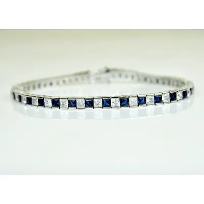 £59.99 • Buy White Gold Finish Created Diamond Blue Sapphire Princess Cut Tennis Bracelet