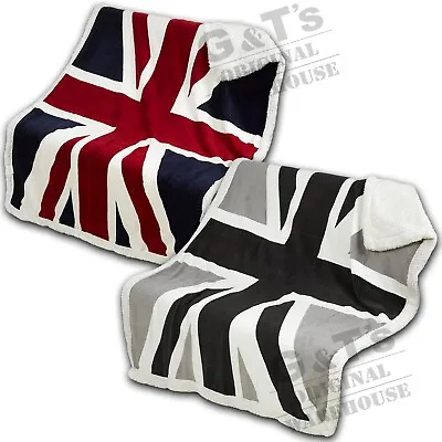 Rapport Union Jack Flag Sherpa Throw 130x160cm - Red White Blue Or Black & Grey • £27.99