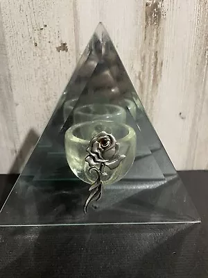 Glass Triangle Candle Holder With Silver Rose • $25