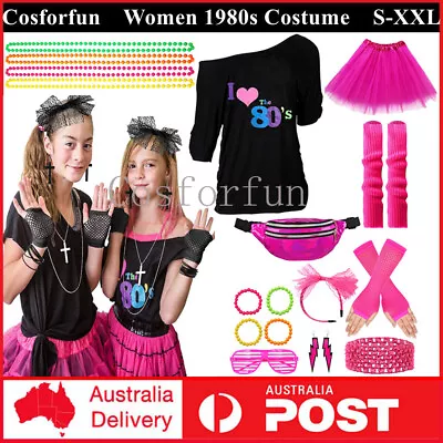 Women 1980s Costume Ladies 80s Party Fancy Dress 80's T-shirt Bag Accessory Set • $49.59