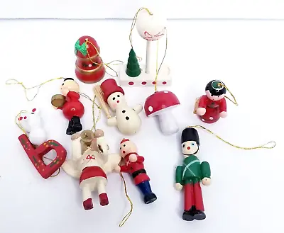 Miniature Wooden Christmas Tree Ornaments Snowman Soldiers Bell Lot Of 10 • $9.99