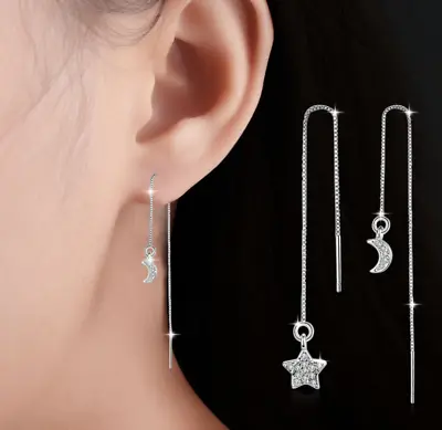 $4.95 • Buy 925 Sterling Silver Plated Moon Star CZ Ear Thread Through Threader Earrings P1