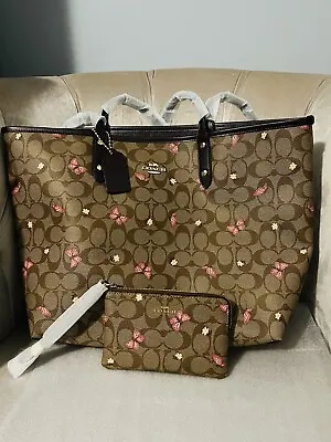 NWT Coach 1461 City Tote Bag Handbag Purse Leather Butterfly Print Wristlet Set • £235.60