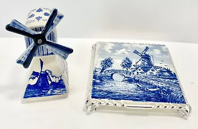 Vintage Blue Tile Trivet Ceramic Dutch Windmill With Silver Stand W/ Windmill • $12