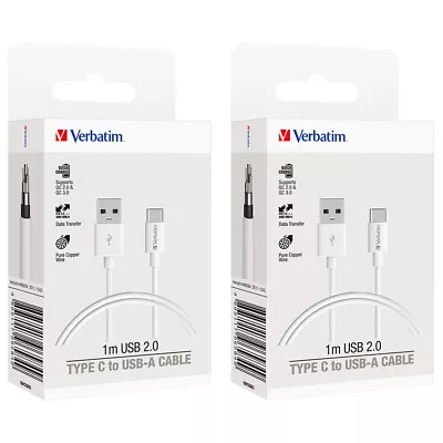 2PK Verbatim Charge & Sync USB To USB-C Soft Touch Rubber Durable Cable 1m White • $25