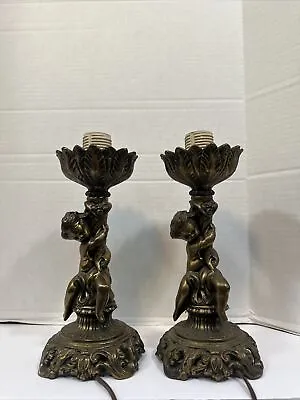 Vintage L&L WMC Cherub Table Lamps 1966 #8713 Brass Cast Metal Pair 12” • $135