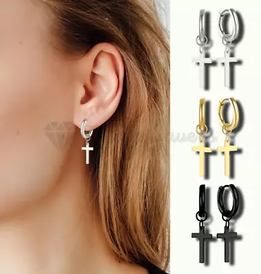 Men Women Cross Dangler Hinged Surgical Stainless Steel Hoop Dangle Earrings • £3.99