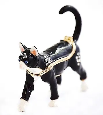 Black Cat Trinket Box Hand Set With Swarovski Crystals & Black White Enamel  • $44.99
