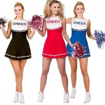 Adult High School Cheerleader Red Blue Or Black Hen Party Halloween Fancy Dress • £10.95