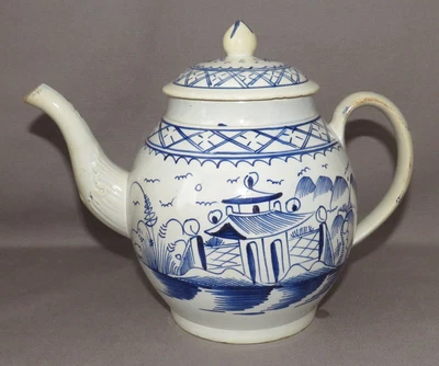£150 • Buy English Pearlware Hand Painted Chinoiserie Scenes Blue & White Teapot C1790