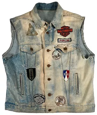 Vintage 1980s Denim Motorcycle Vest Harley Davidson Patches Military Patches Lrg • $225