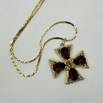 Vtg Amber Citrine Faceted Glass Sparkling Byzantine Maltese Cross Necklace • $29.99