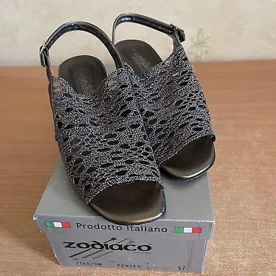 Pewter Peep Toe Mesh Slingback Wedge Shoes UK Size 4.5 Made In Italy Boxed • £7.99