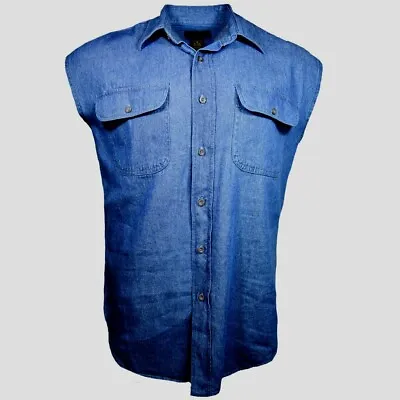  Mens Denim Shirt Sleeveless Denim 100% Cotton-Blue-Front-Button-Soft-fabric NEW • $18.99