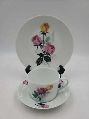 Vtg A. Lanternier Limoges Pink Yellow Flowers 3 Pc Tea Cup Saucer & Plate DK3 • $29.99