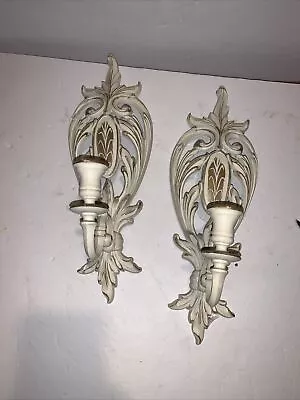 Vintage SYROCO-INC.1975 Wall Hanging Candle Holder White & Gold Set Of 2  • £33.78