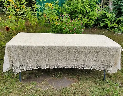 $48 • Buy Antique Vintage Tablecloth Hand Crocheted LARGE 76 X 80 Beige Very Nice (D1)