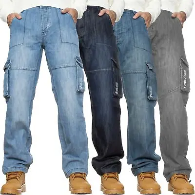 Mens Cargo Jeans Combat Trousers Heavy Duty Work Casual Big Tall Denim Pants • £21.99