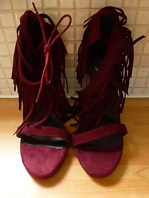 Missguided Faux Suede Western Style High Heel Sandal Shoes 4/37 NEW* Burgundy • £16.99