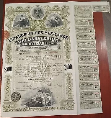 Mexico 1902 Deuda Interior Green Lady $500 Letter  N  ORIGINAL COUPONS Bond Loan • $470