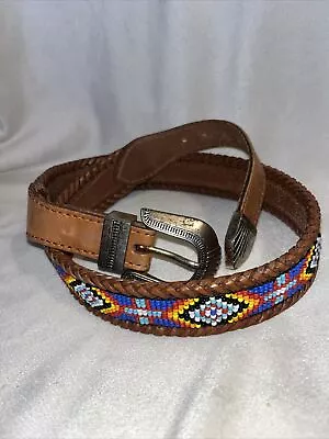 Vtg 90’s Women's Colorful Native Southwest Bead Brown Leather Belt Size 30 Boho • $17.99