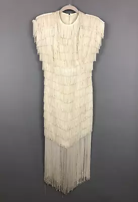 VTG 80s TD4 By Eletra Flapper Fringed Dress SZ 3/4 Ivory Zip Back Party • $49.99