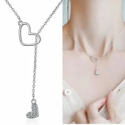 Lovely Women Double Heart Pendant Necklace 925 Sterling Silver Jewellery Gift • £3.99