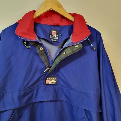 VTG 90's Chaps Ralph Lauren Blue Red Plaid Anorak Windbreaker Jacket Hood Sz M • $24.90