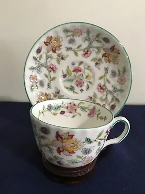 Pristine Minton Haddon Hall Tea Cup & Saucer Green Trim Bone China Floral B1451! • $29.99