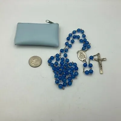 Vintage 22  Beautiful Blue Round Bead Rosary INRI Jesus On Cross W/Pouch  M2  • $11.96