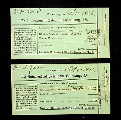 Pair Of 1922 Montgomery VT Vermont Phone Telephone Bill To R.H. Pond • $18