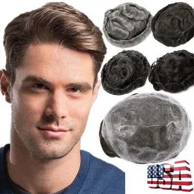 Human Hair Mens Toupee Topper Replacement System PU / Mono Piece Short Brown • $66.69