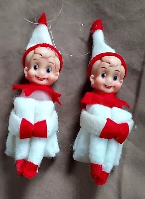 2 Knee Hugger Elf Pixie Porcelain Head White Felt Body Christmas Ornaments VTG • $34.46