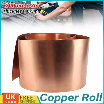 Copper Sheet Roll 3000x200x0.5mm Pure Copper Flashing Strip Metal Foil Plate • £57.89