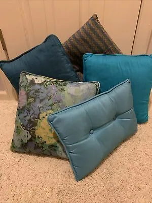 Vtg Mid Century 5 Multi Fabric Pattern Throw Pillows In Blues • $39