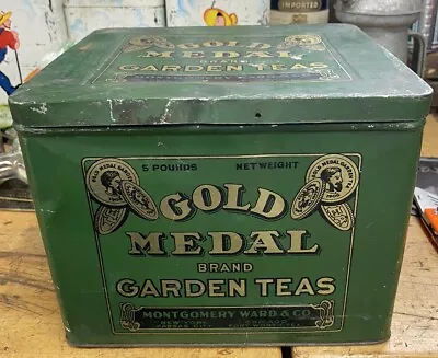 Vintage GOLD MEDAL Brand Garden Teas Metal Tin 9 X 8 X7  Montgomery Ward Tea • $20