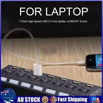 7 Ports High Speed USB 2.0 Hub Splitter W/ON/OFF Switch For Laptop (Black) AU • $9.36