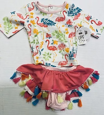 Mud Pie E0 Baby Toddler Girl Floral Flamingo Rash Guard Swim Set 1122140 3-6 M • $34.99