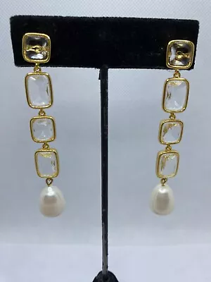 J. Crew Long Dangle Pierced Earrings Gold Plated Clear Glass & Pearl 3  Long • $18