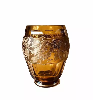 Moser Czech Bohemian Amber Panelled Cut Glass Gold & Silver Band Floral Vase • $57.43