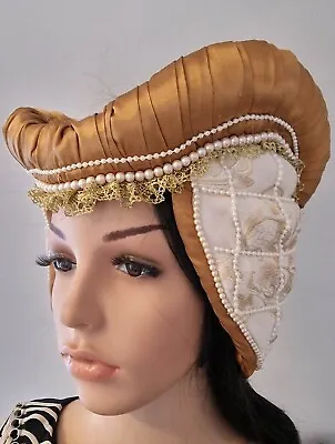 £43.50 • Buy Medieval Ladies Escoffion Headdress, Gold Silky Fabric With Pearl Trim