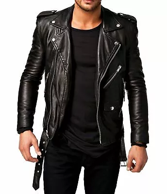 Mens Slim Fit Cafe Racer Biker Sheep Real Leather Jacket • $109.66