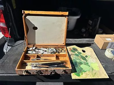 Vintage Utrecht Wooden Box With Acrylic Paints & Brushes Tools • $60