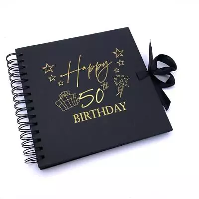 50th Birthday Black Scrapbook Photo Album With Gold Script Present Design • £14.99