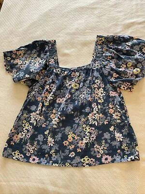 Gap Women Med Blue Pink Floral Butterfly Sleeve Blouse Square Scoop Neck Shirt • $10