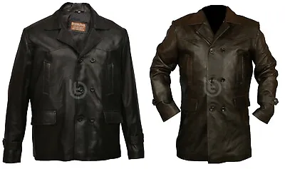 Men's German Naval Military Pea Coat Black Button Real Genuine Leather Jacket • $89.99