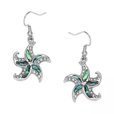 Starfish Earrings Swirl Edge Abalone Shell Drop Dangle Hook Sea Turtle SILVER • $12.99