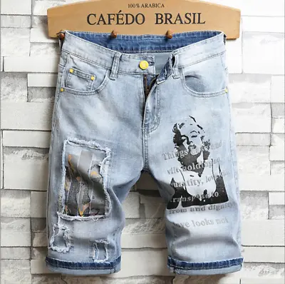 Men Straight Short Jeans Casual Pants Ripped Skinny Denim Shorts Trousers Bottom • $33.19