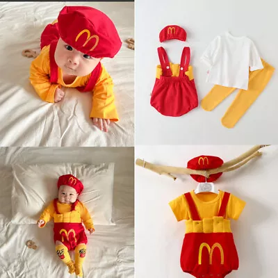 Baby McDonald's Clothes Set Kids Outfit Toddler Infant Romper Hat Long T-Shirt • £8.49